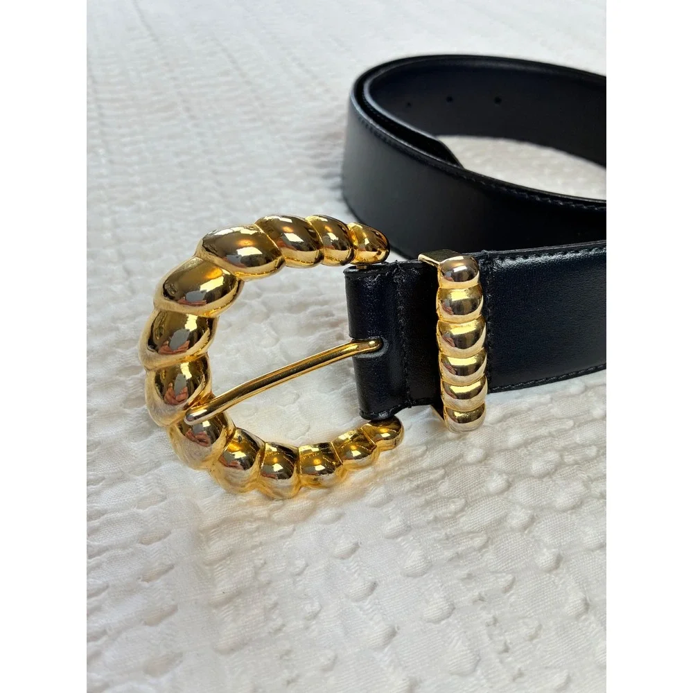 Vtg Cipriani Leather Belt Navy Leather Gold Buckle Women Large Glazed Cowhide